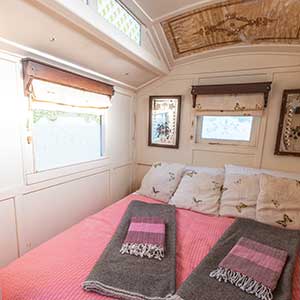 Light, airy sleeping quarters in the Showman's Waggon at Beili Glas, Monmouthshire, Wales in the Showman's Waggon at Beili Glas, Monmouthshire, Wales 